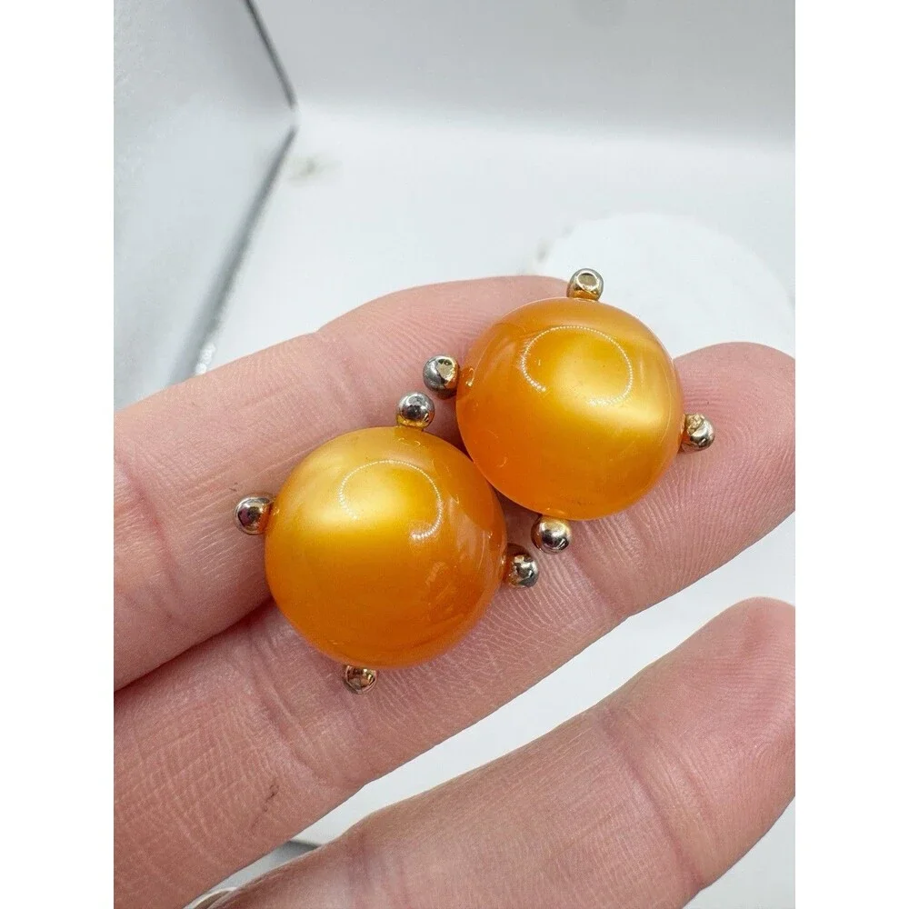 Vtg Orange Moon glow Thermoset Cabochon Round Cufflinks Menswear MCM Mid Century